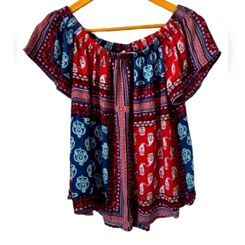 Meraki red & blu ptchwrk off the shldr top SZ M boho peasant farmcore